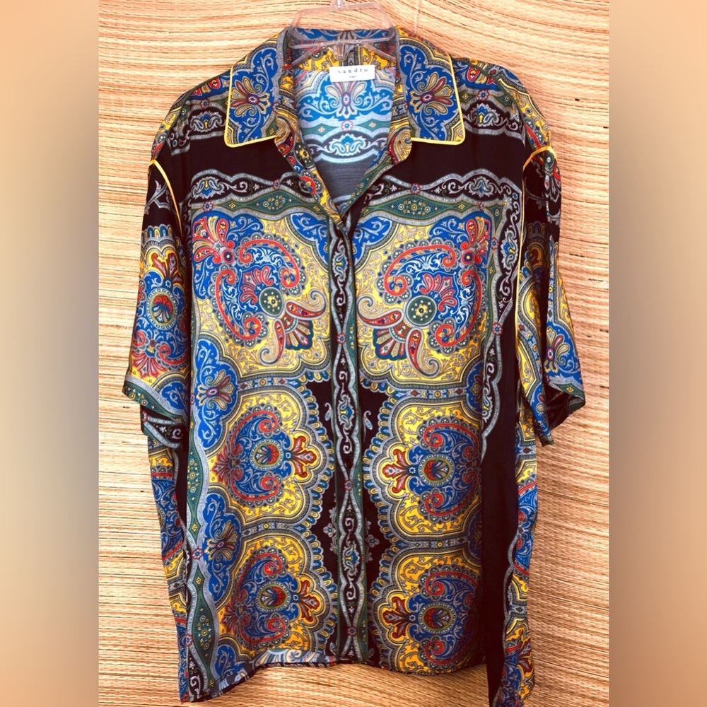 Sandro Ramy Paisley Print Satin Shirt Short Sleeve Silk-Feel Multi Size 3 - Picture 6 of 15